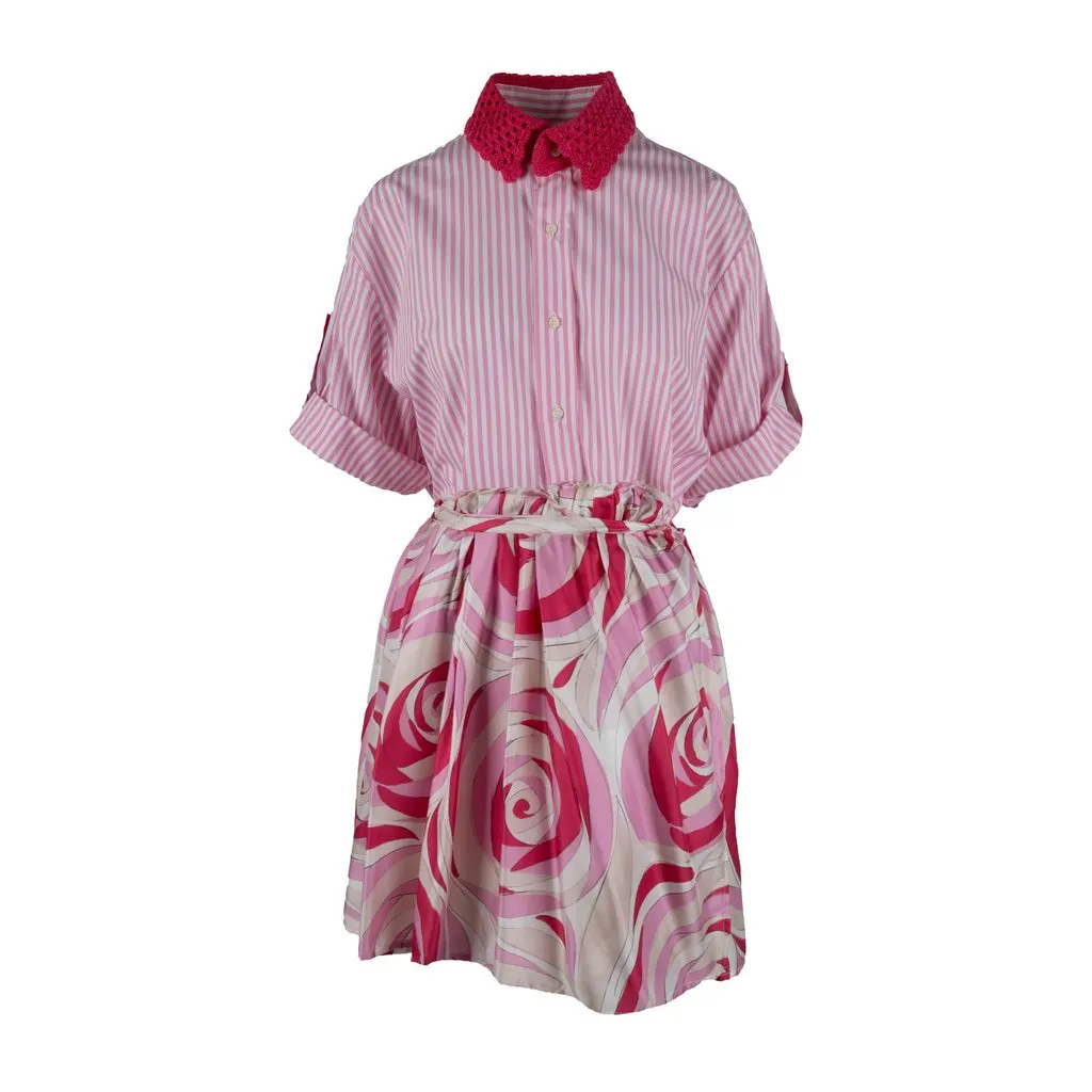 Unsigned Peony Print Shirt Dress - '20s White Cotton Good - Front View