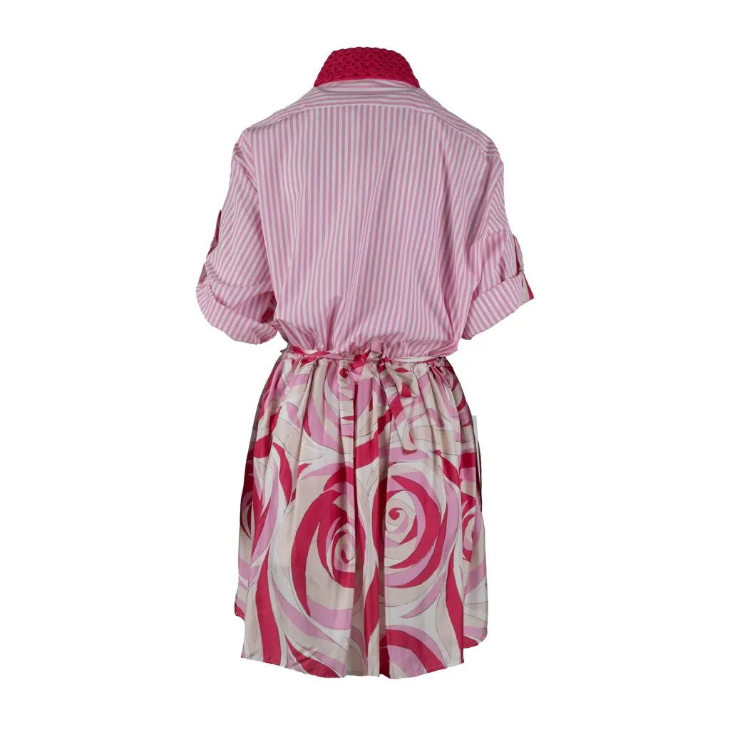 Unsigned Peony Print Shirt Dress - '20s White Cotton Good - Back View