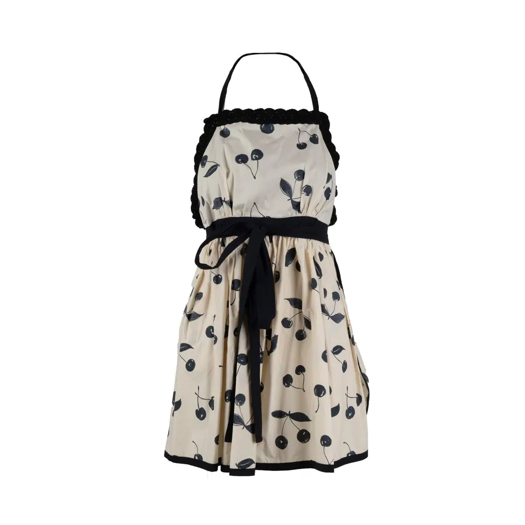 Unsigned Cherry Print Apron Dress - '20s Black Cotton Good - Front View