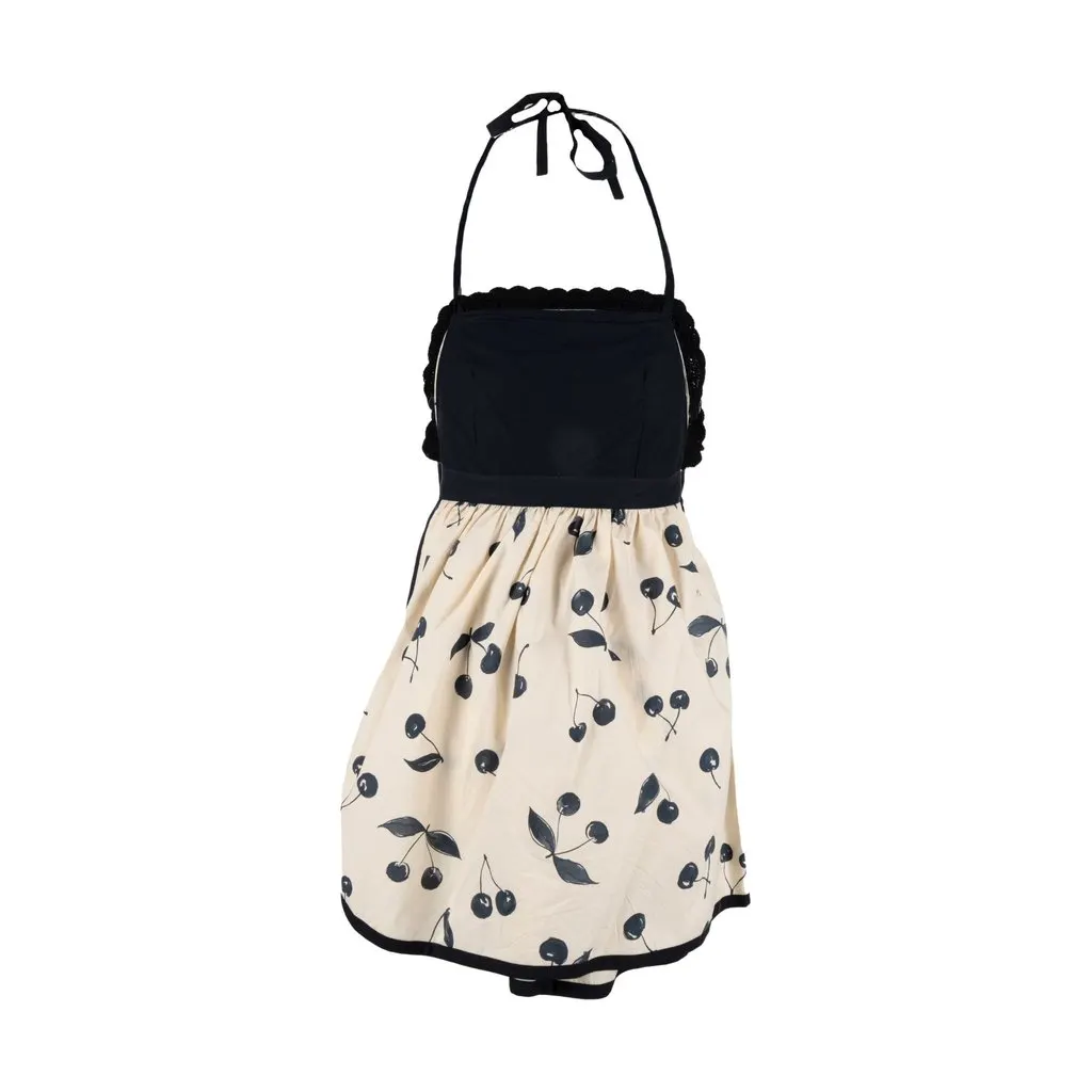 Unsigned Cherry Print Apron Dress - '20s Black Cotton Good - Back View