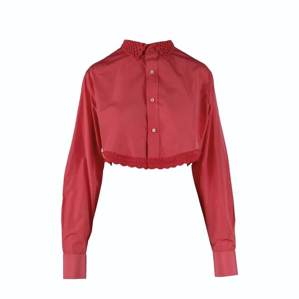 Unsigned Crochet Collar Crop Shirt - '20s Red Polyester Good - Front View