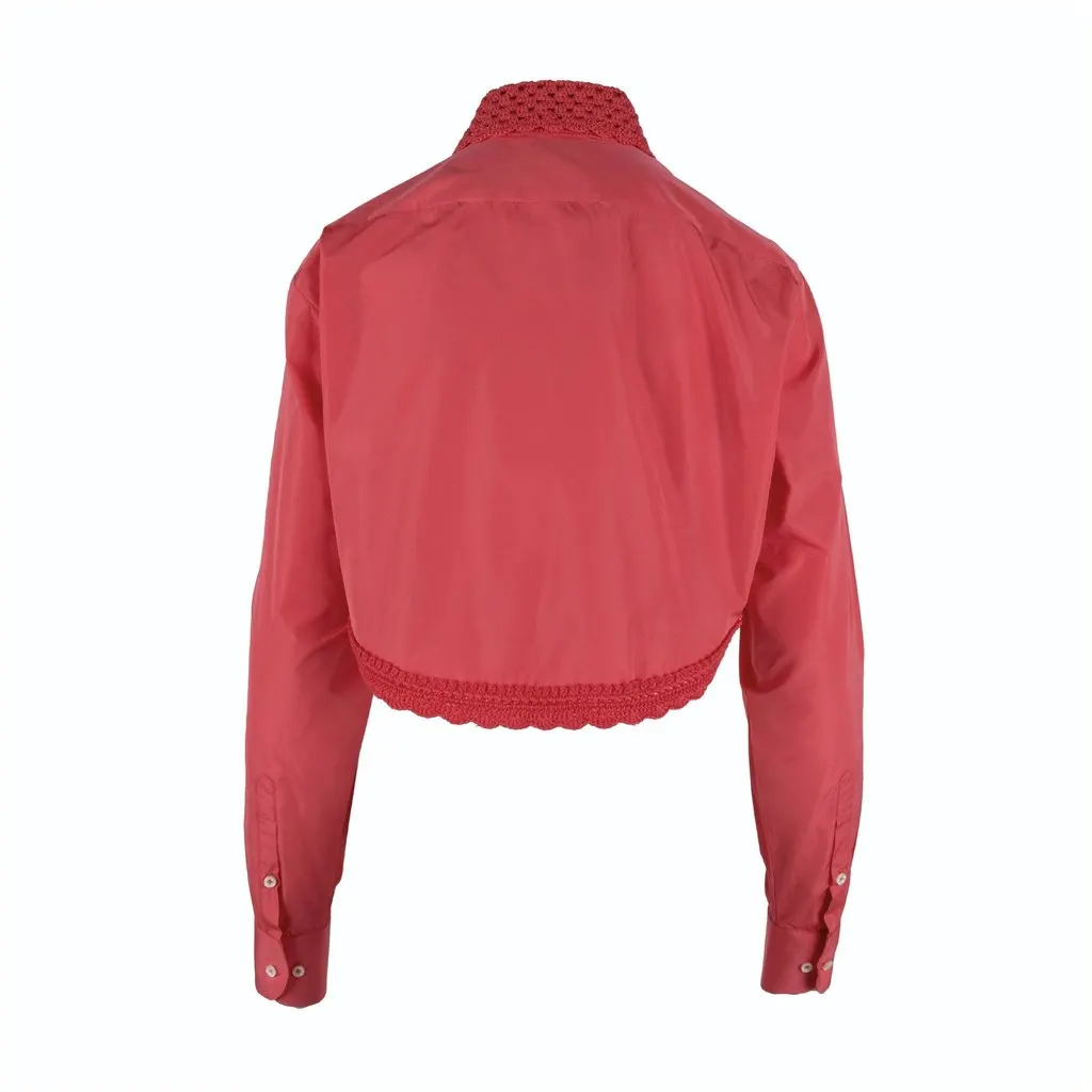 Unsigned Crochet Collar Crop Shirt - '20s Red Polyester Good - Back View