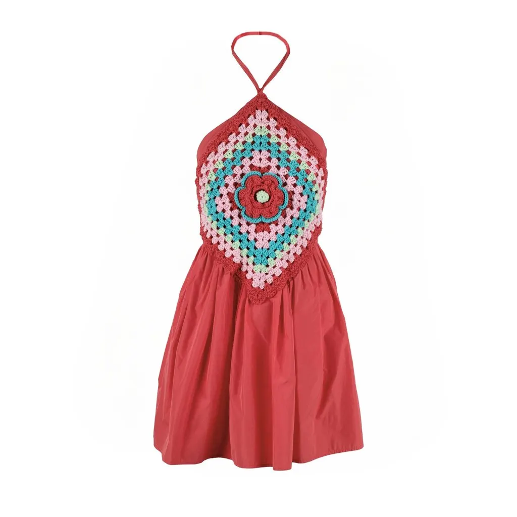 Unsigned Rubino Gaeta Granny Crochet Dress - '20s Red Polyester Good - Front View