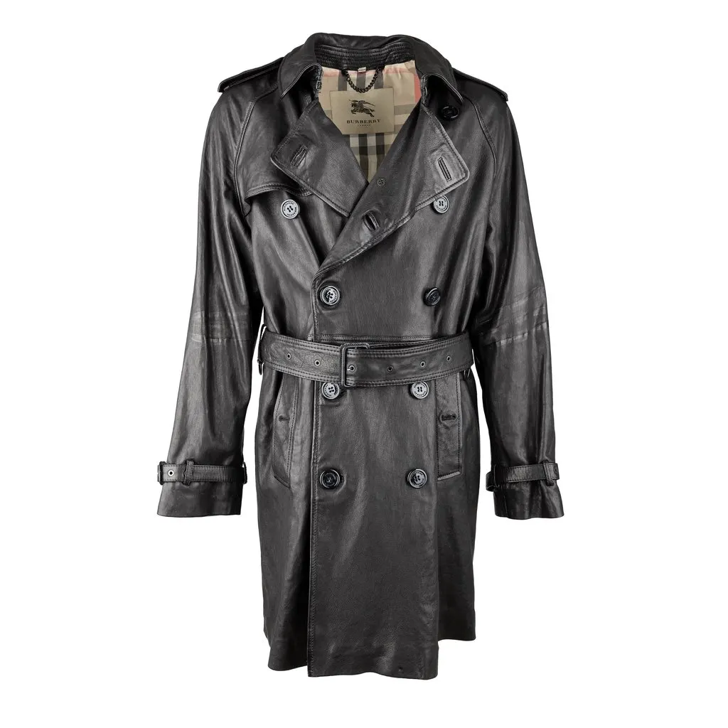 Burberry Lambskin Leather Trench Coat - '00s Black Leather Good - Front View