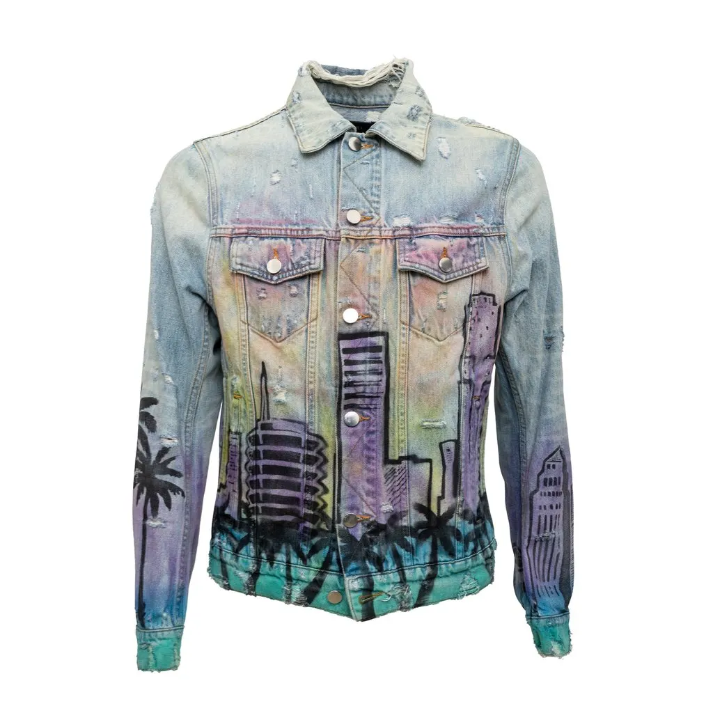 Amiri Distressed 'Hollywood' Denim Jacket - '10s MultiColor Denim Good - Front View