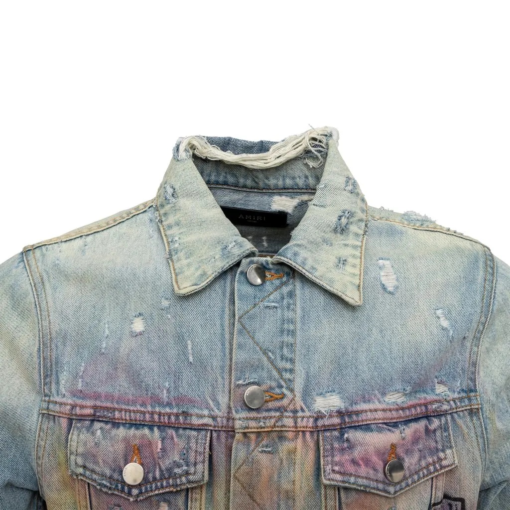 Amiri Distressed 'Hollywood' Denim Jacket - '10s MultiColor Denim Good - Model View