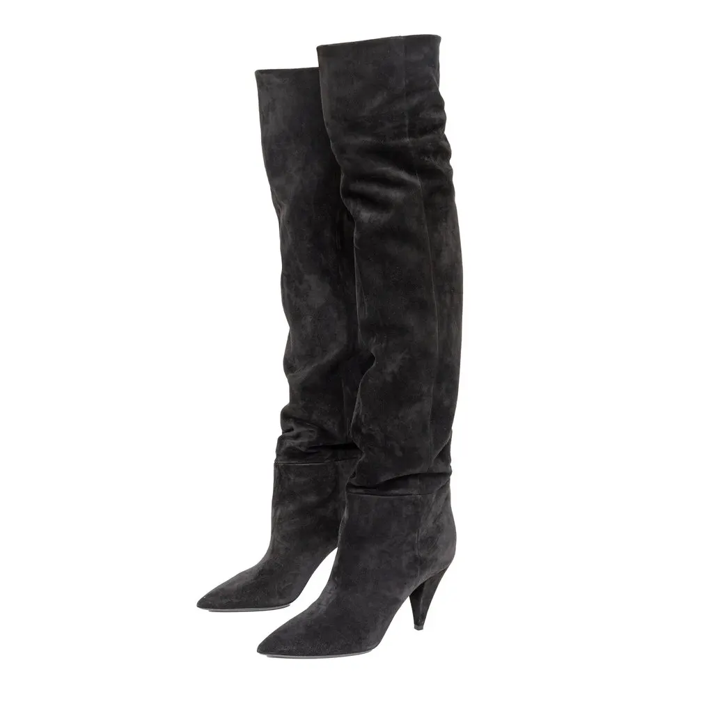 Saint Laurent 85 Over-the-Knee Suede Boots - '10s Black Suede Good - Back View