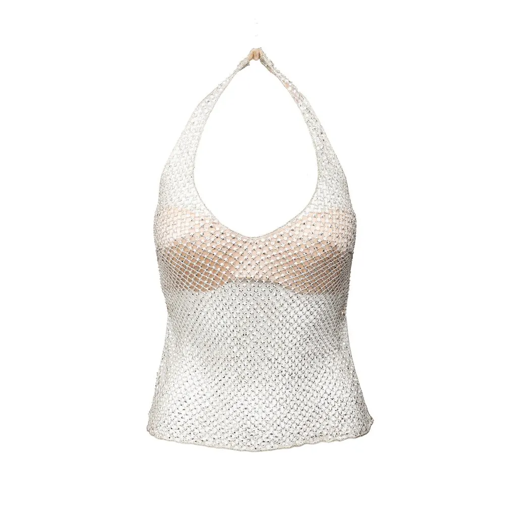 La Perla Crystal Mesh Halterneck Top - '00s Red Good - Front View