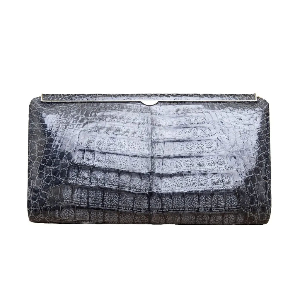 Unsigned Exotic Animal Leather Clutch - '90s Grey Leather Good - Front View