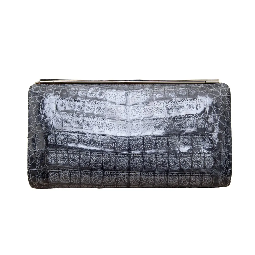 Unsigned Exotic Animal Leather Clutch - '90s Grey Leather Good - Back View