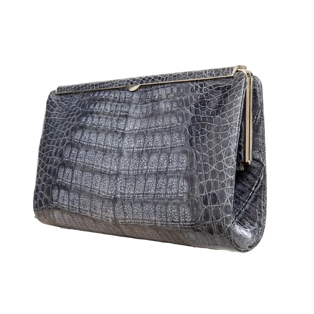 Unsigned Exotic Animal Leather Clutch - '90s Grey Leather Good - Inside View