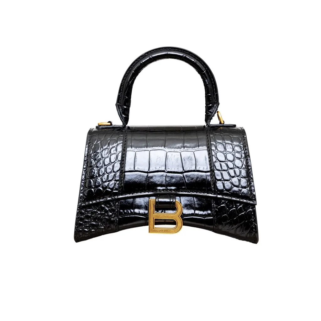 Balenciaga Crocodile Embossed Hourglass XS Bag - '20s Black Leather Good - Front View