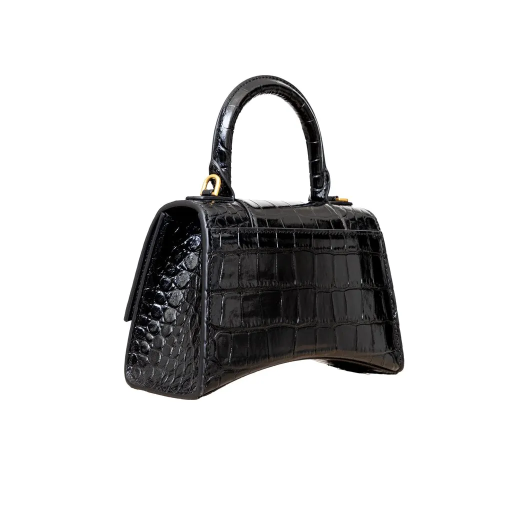 Balenciaga Crocodile Embossed Hourglass XS Bag - '20s Black Leather Good - Model View