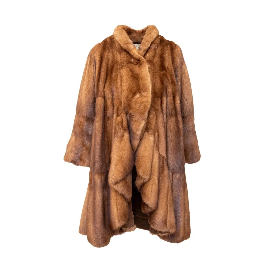 Unsigned Carlo Tivioli Mink Fur Coat - '90s Brown Silk Good - Front View