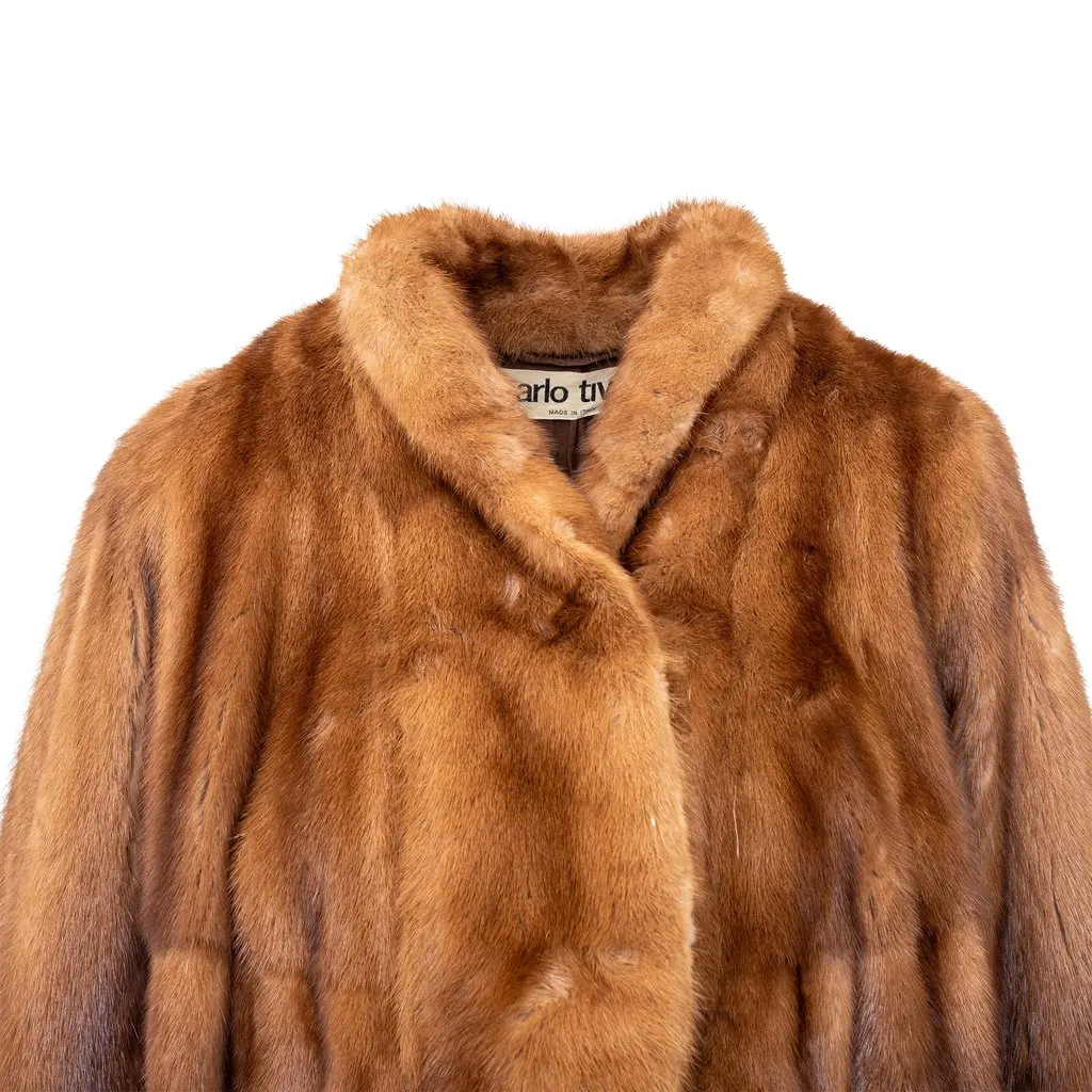 Unsigned Carlo Tivioli Mink Fur Coat - '90s Brown Silk Good - Model View