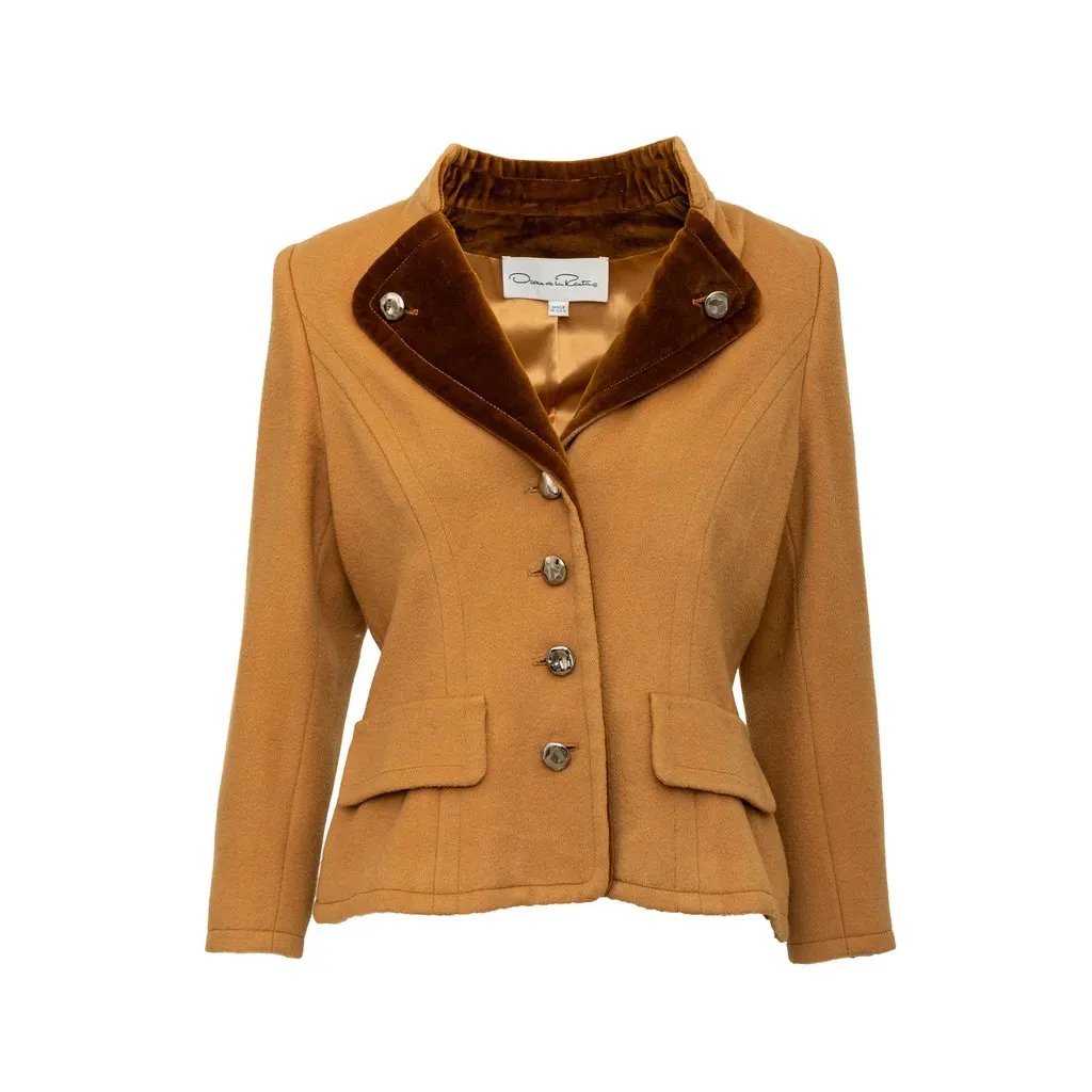 Oscar de la Renta Oscar de la Renta Velvet Collar Wool Jacket - '90s Brown Velvet Good - Front View