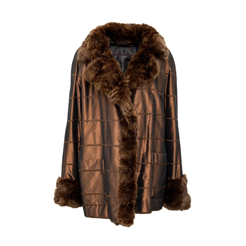 Unsigned Coat with Fur - '90s Brown Satin Good - Front View