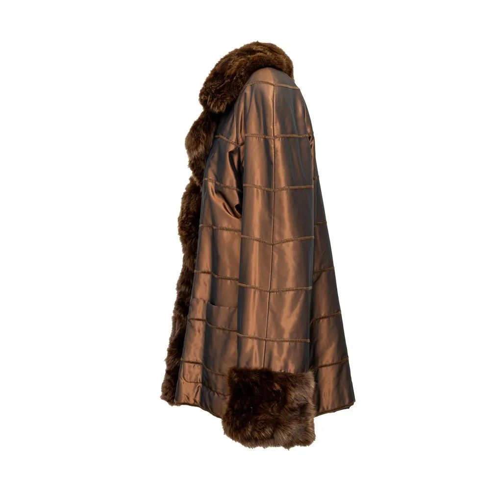 Unsigned Coat with Fur - '90s Brown Satin Good - Back View