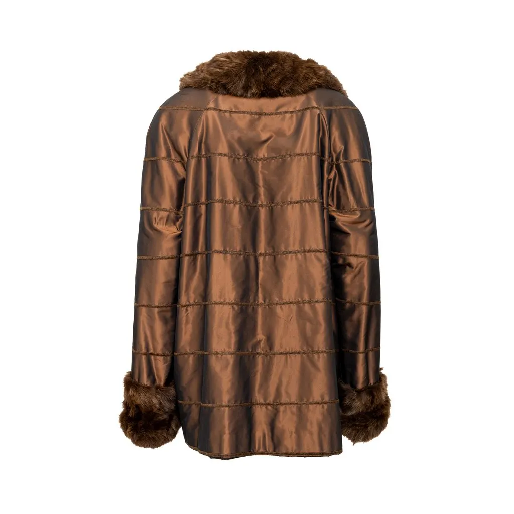 Unsigned Coat with Fur - '90s Brown Satin Good - Inside View