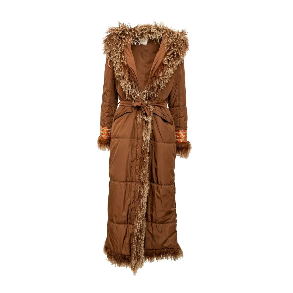 Unsigned Scervino Nylon Coat with Fur - '90s Brown Good - Front View