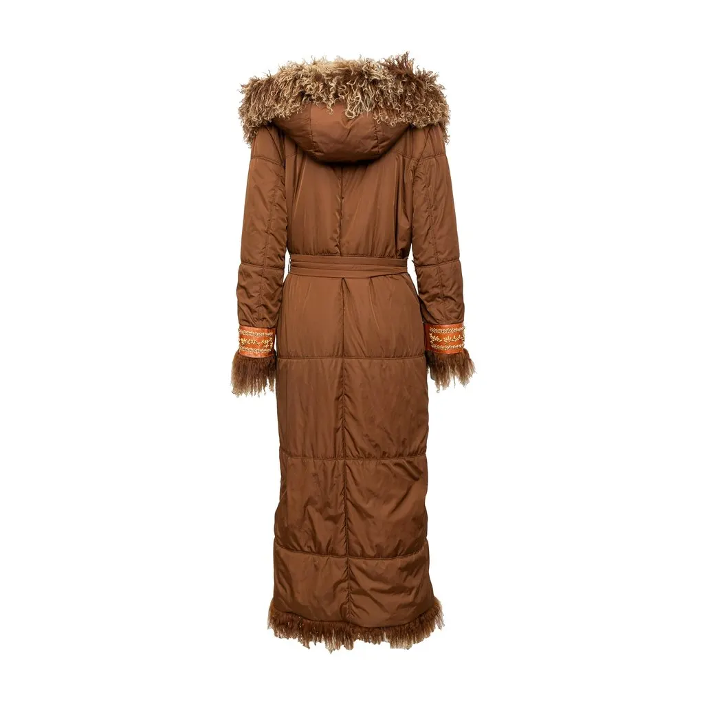 Unsigned Scervino Nylon Coat with Fur - '90s Brown Good - Model View