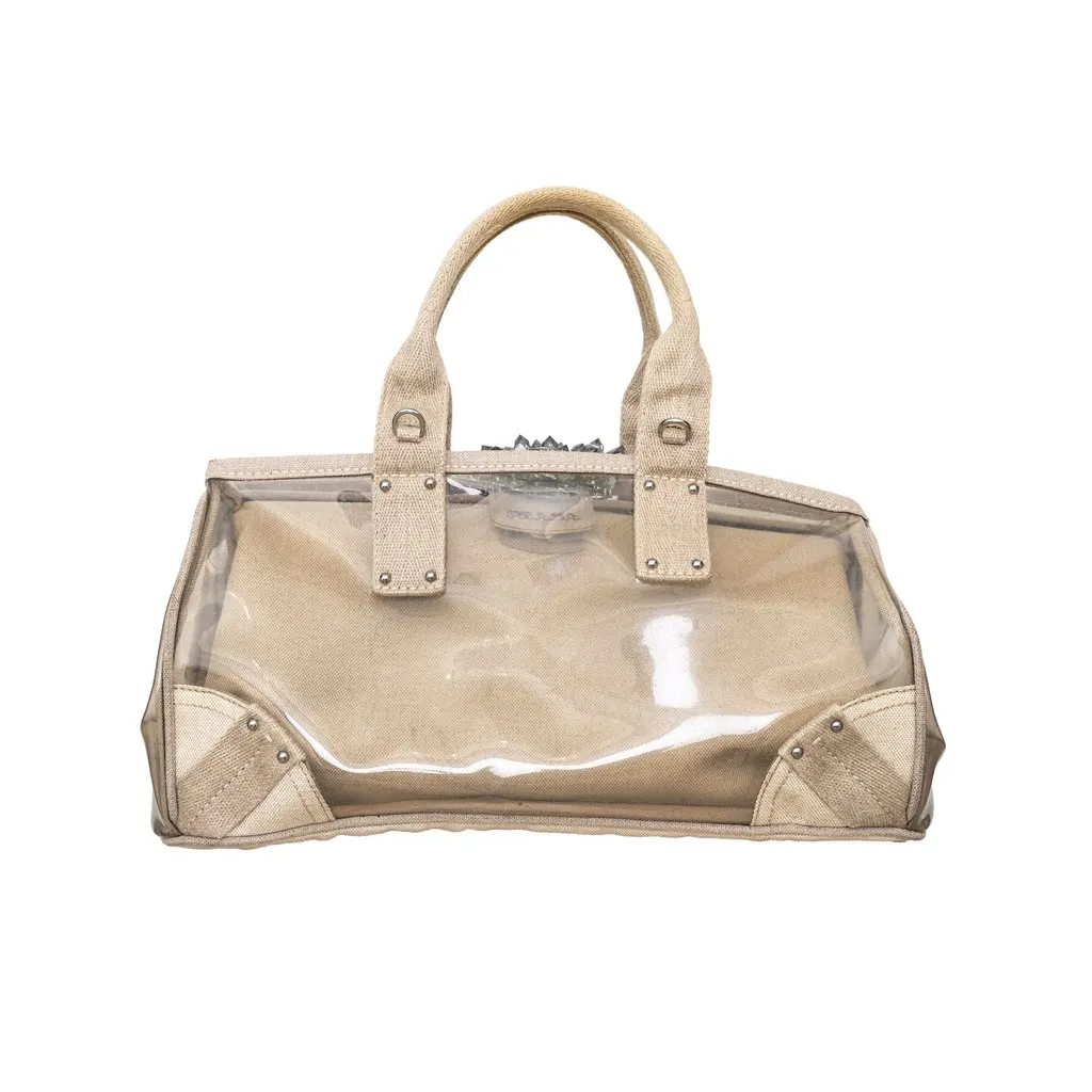 Prada Crystal Embellished PVC Canvas Frame Bag - '10s Beige Canvas Good - Front View