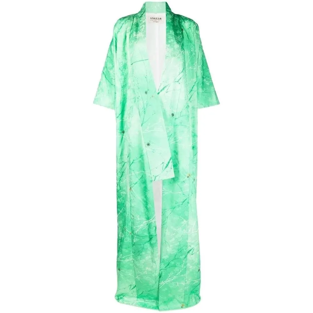 Unsigned Green Silk Kimono - '70s Green Silk Good - Front View