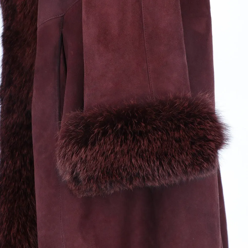 Unsigned Burgundy Sheepskin Coat - '80s Burgundy Good - Model View