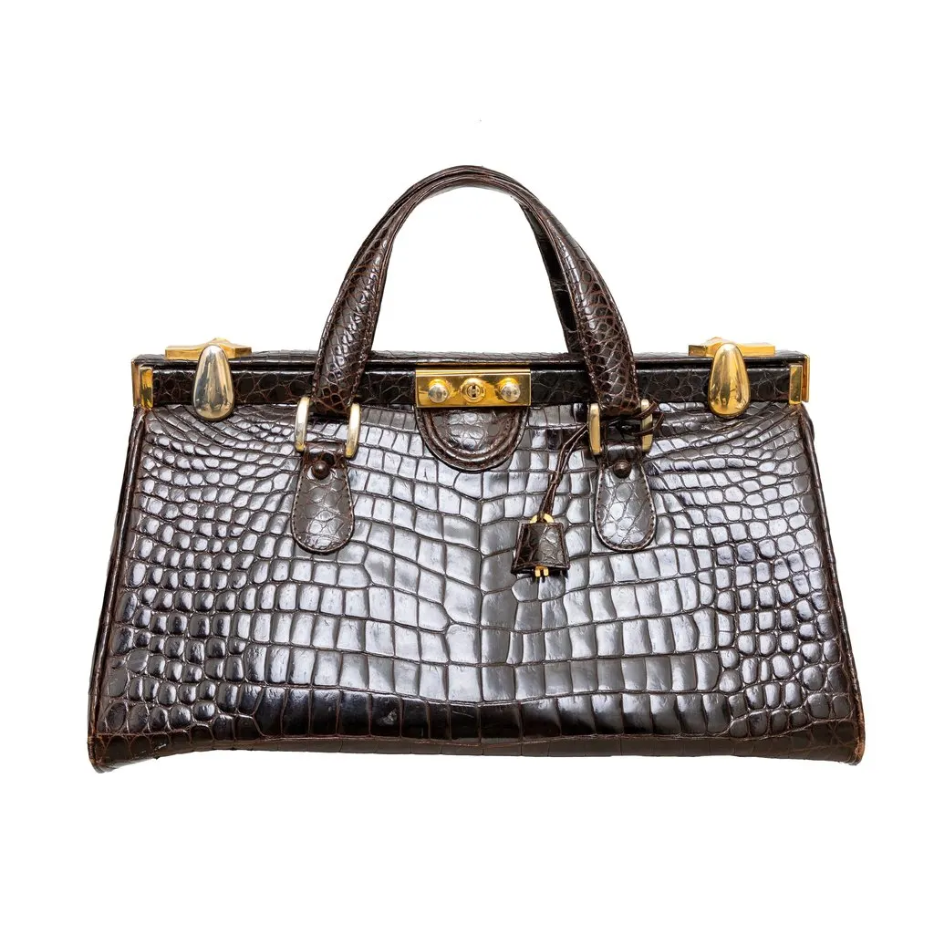 Unsigned Vintage Crocodile Leather Handbag - '90s Brown Leather Good - Front View