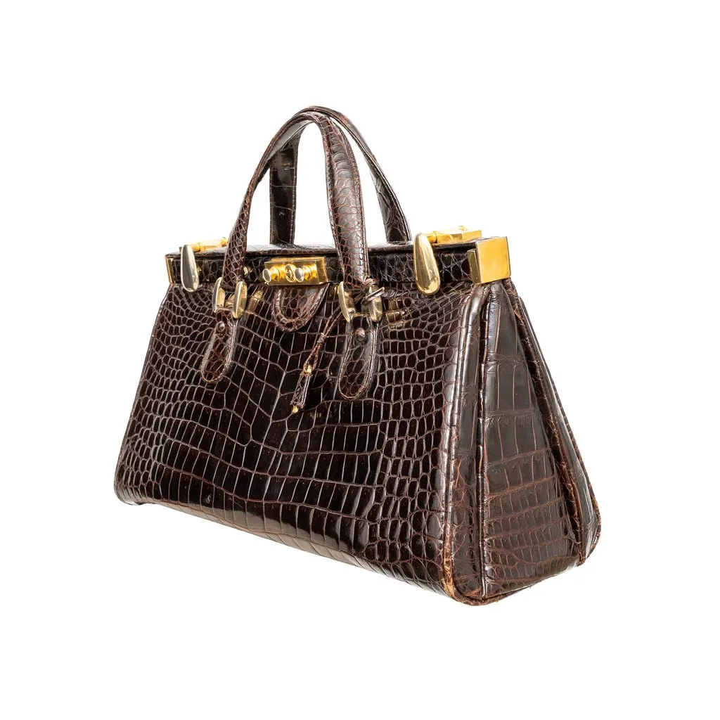 Unsigned Vintage Crocodile Leather Handbag - '90s Brown Leather Good - Back View