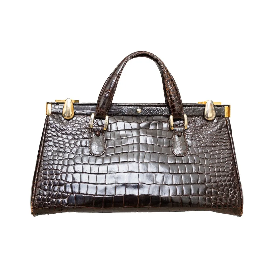 Unsigned Vintage Crocodile Leather Handbag - '90s Brown Leather Good - Inside View