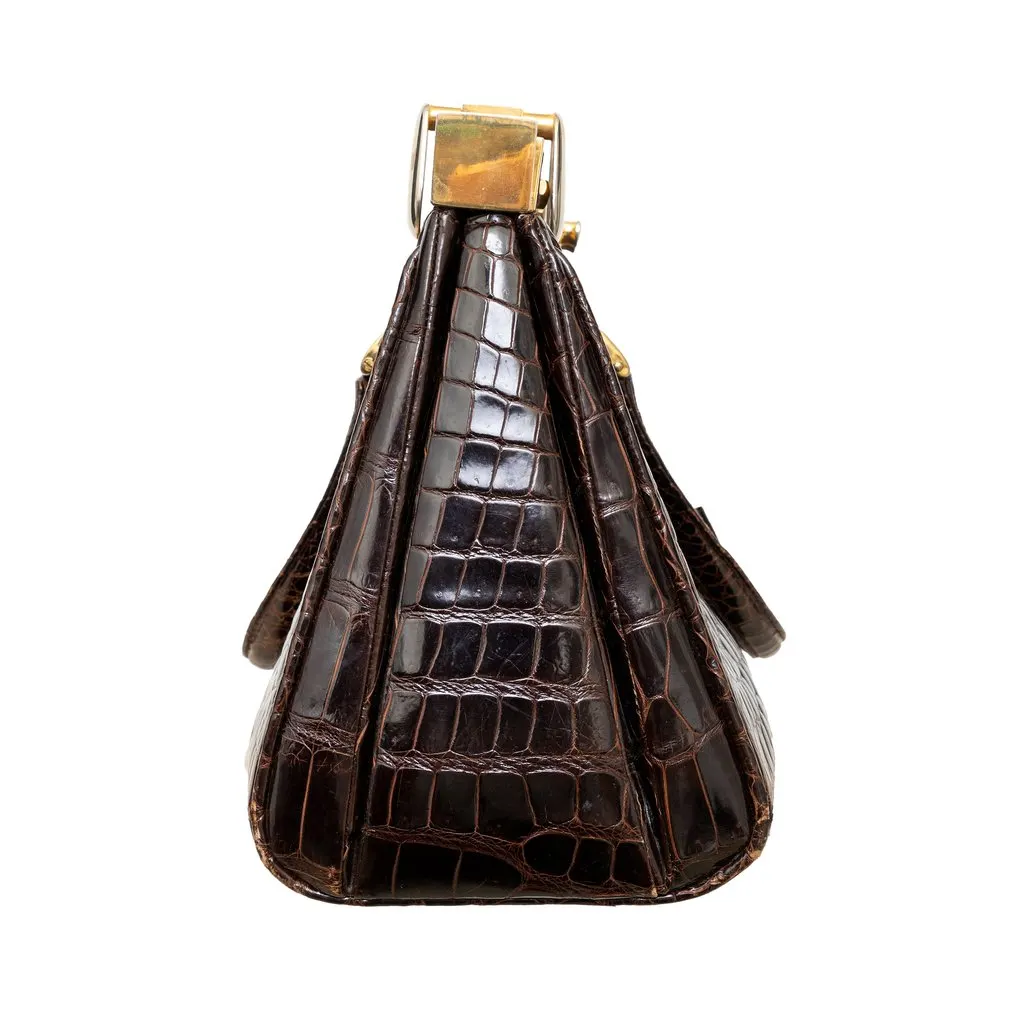 Unsigned Vintage Crocodile Leather Handbag - '90s Brown Leather Good - Model View