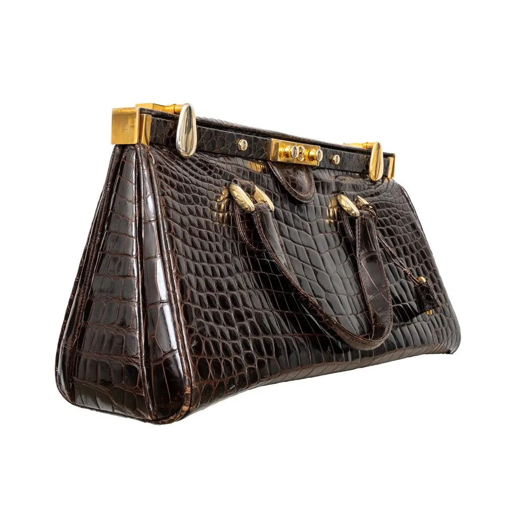 Unsigned Vintage Crocodile Leather Handbag - '90s Brown Leather Good - Box View