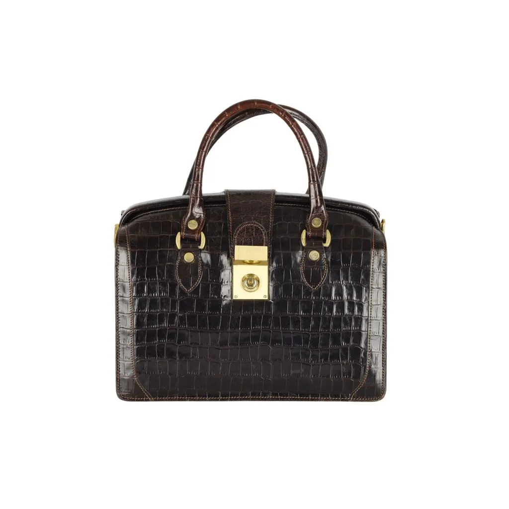 Unsigned Vintage Croc Embossed Leather Doctor Bag - '00s Brown Leather Good - Front View