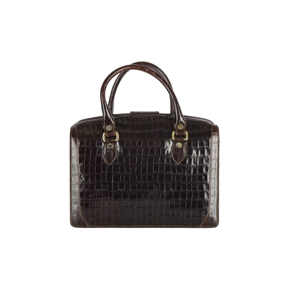 Unsigned Vintage Croc Embossed Leather Doctor Bag - '00s Brown Leather Good - Back View
