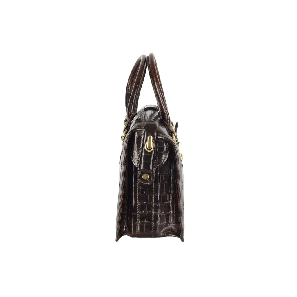 Unsigned Vintage Croc Embossed Leather Doctor Bag - '00s Brown Leather Good - Inside View