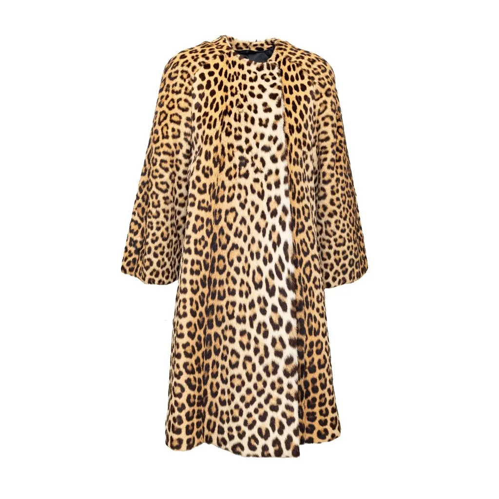 Unsigned Turrini Leopard Fur Coat - '60s Black Silk Good - Front View