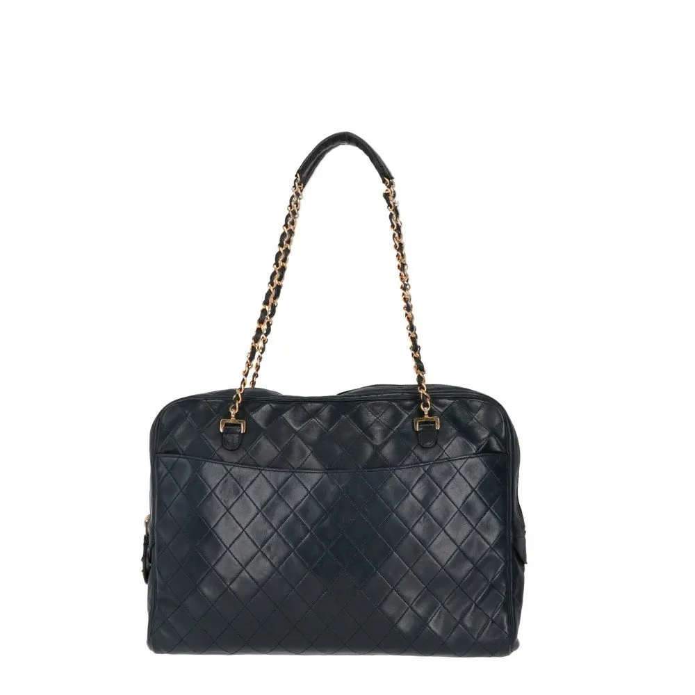 Chanel Dark Blue Matelassé Shoulder Bag - '90s Blue Leather Good - Front View