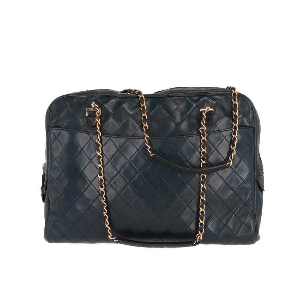 Chanel Dark Blue Matelassé Shoulder Bag - '90s Blue Leather Good - Back View