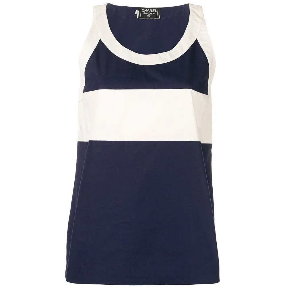Chanel Blue and White Cotton Top - '90s White Cotton Good - Front View