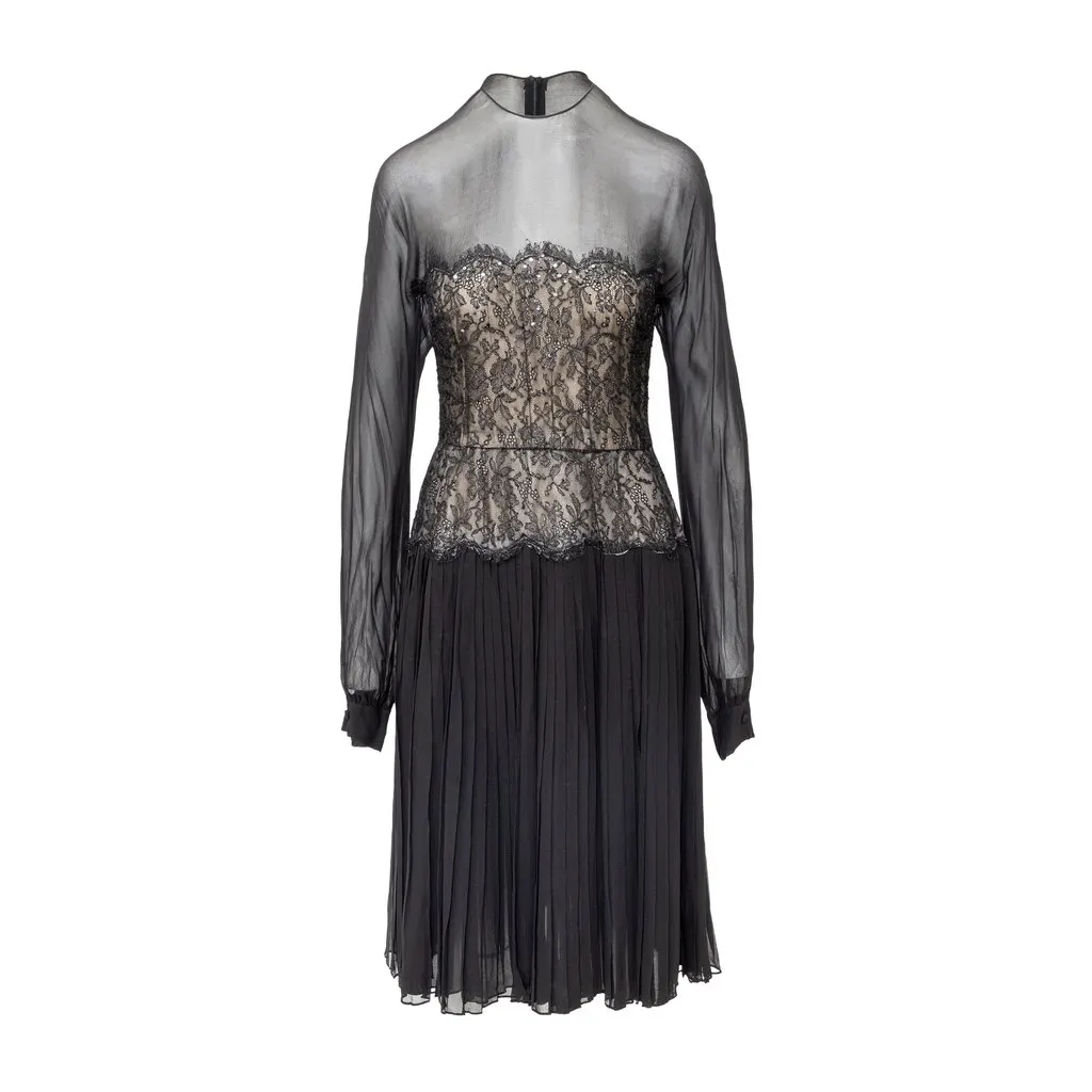 Nina Ricci Haute Boutique Chiffon Dress - '70s Black Lace Good - Front View