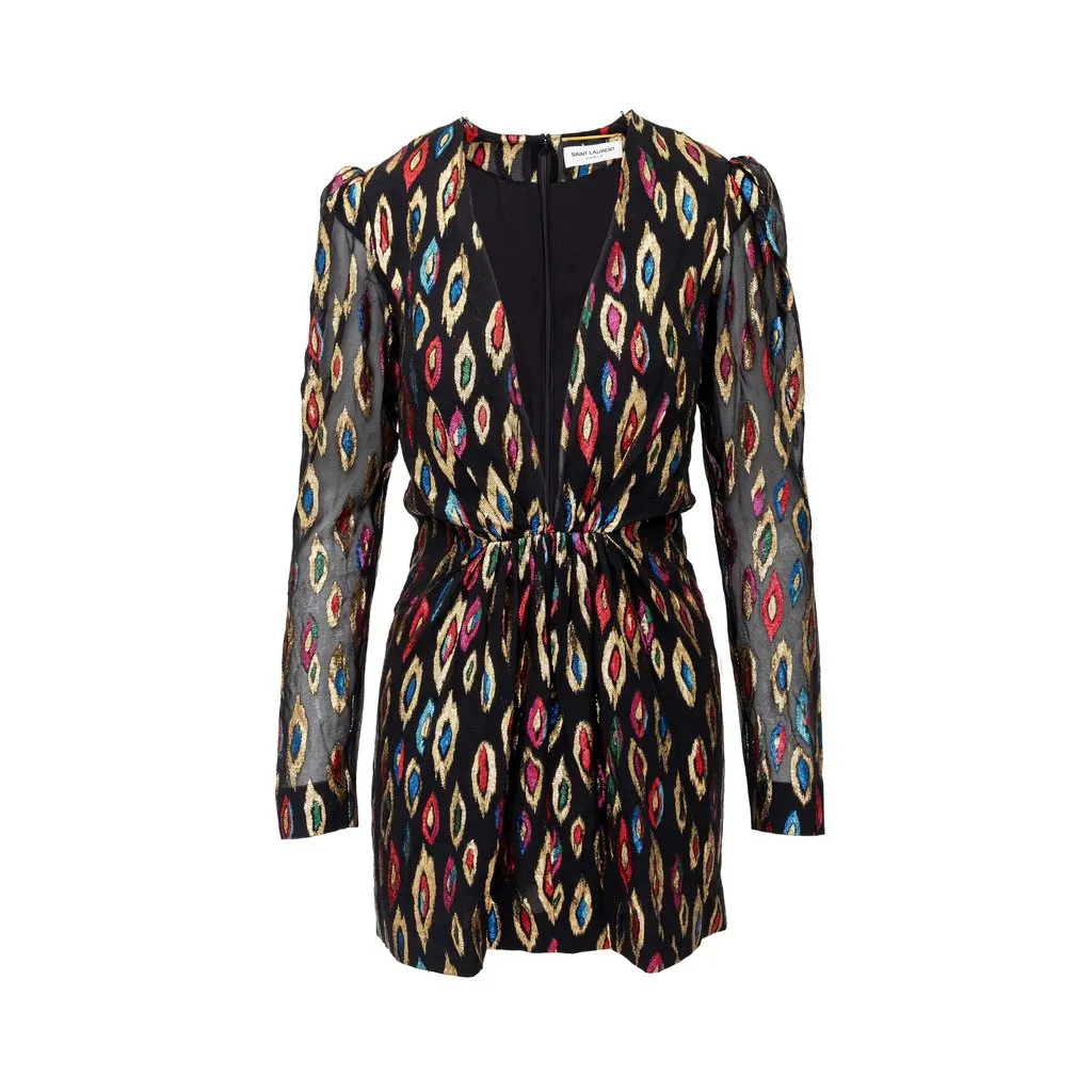 Saint Laurent Peacock Jacquard Cocktail Dress - '20s Black Canvas Good - Front View