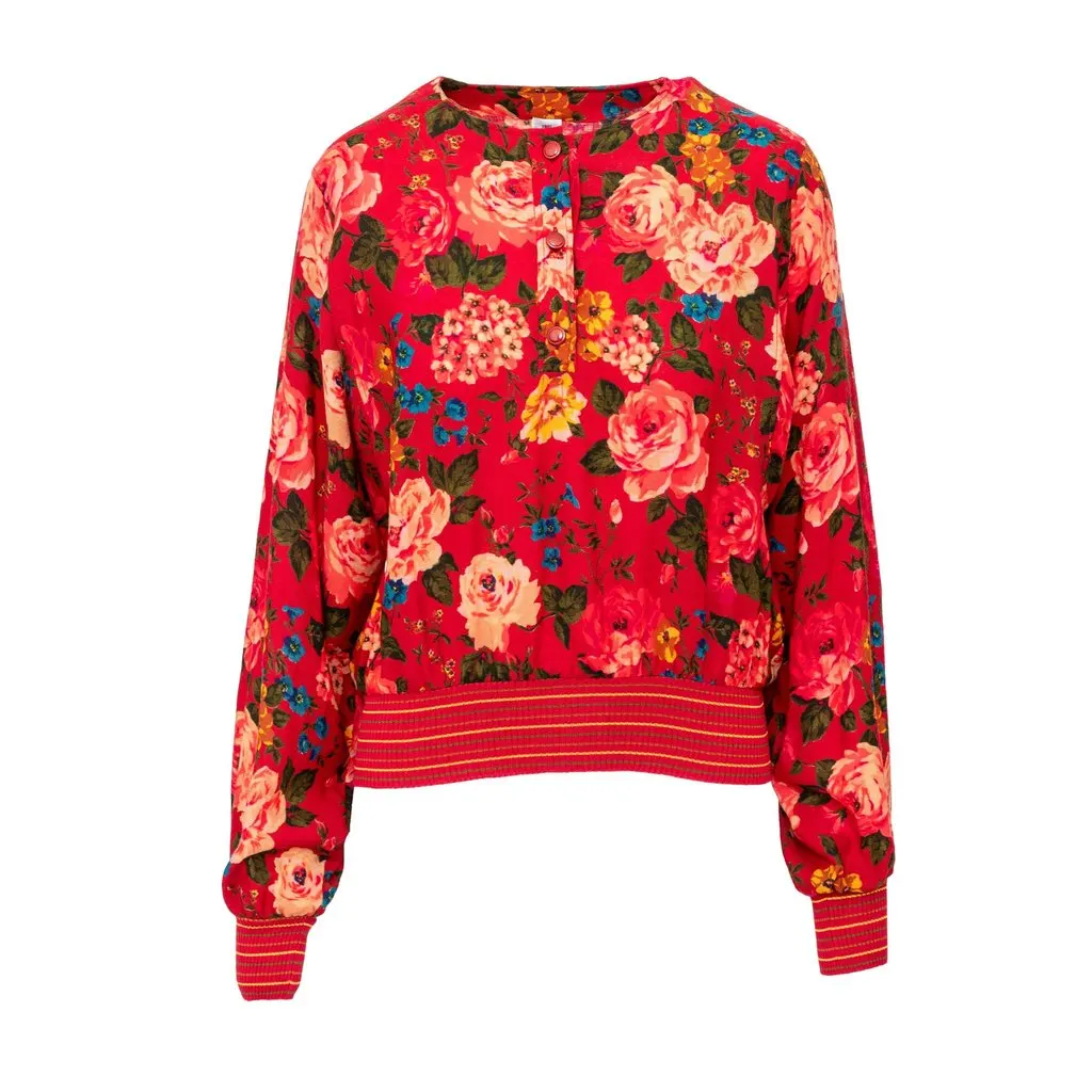 Emanuel Ungaro Floral Printed Wool Top - '90s Red Wool Good - Front View