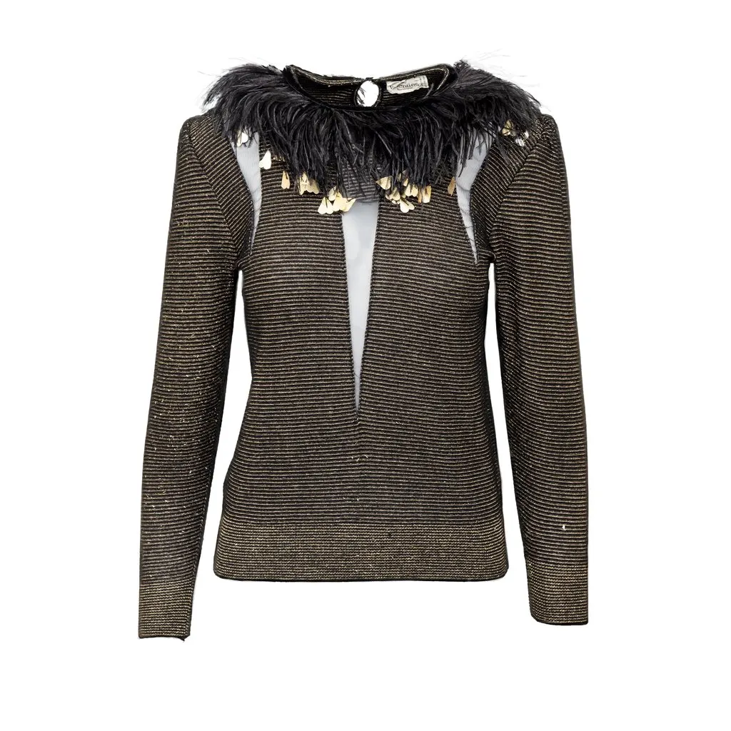 Valentino Boutique Feather Trim Top - '80s Gold Good - Front View