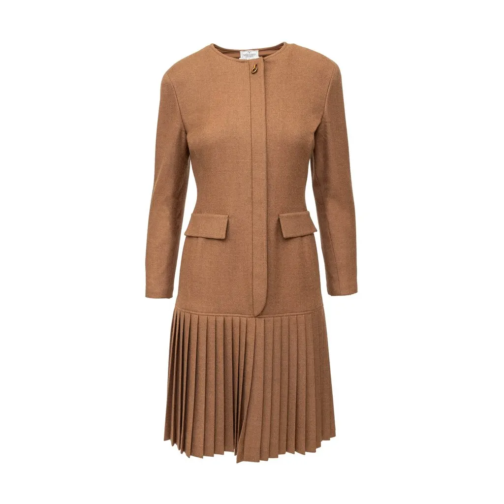 Valentino Boutique Pleated Wool Dress - '90s Brown Wool Good - Front View