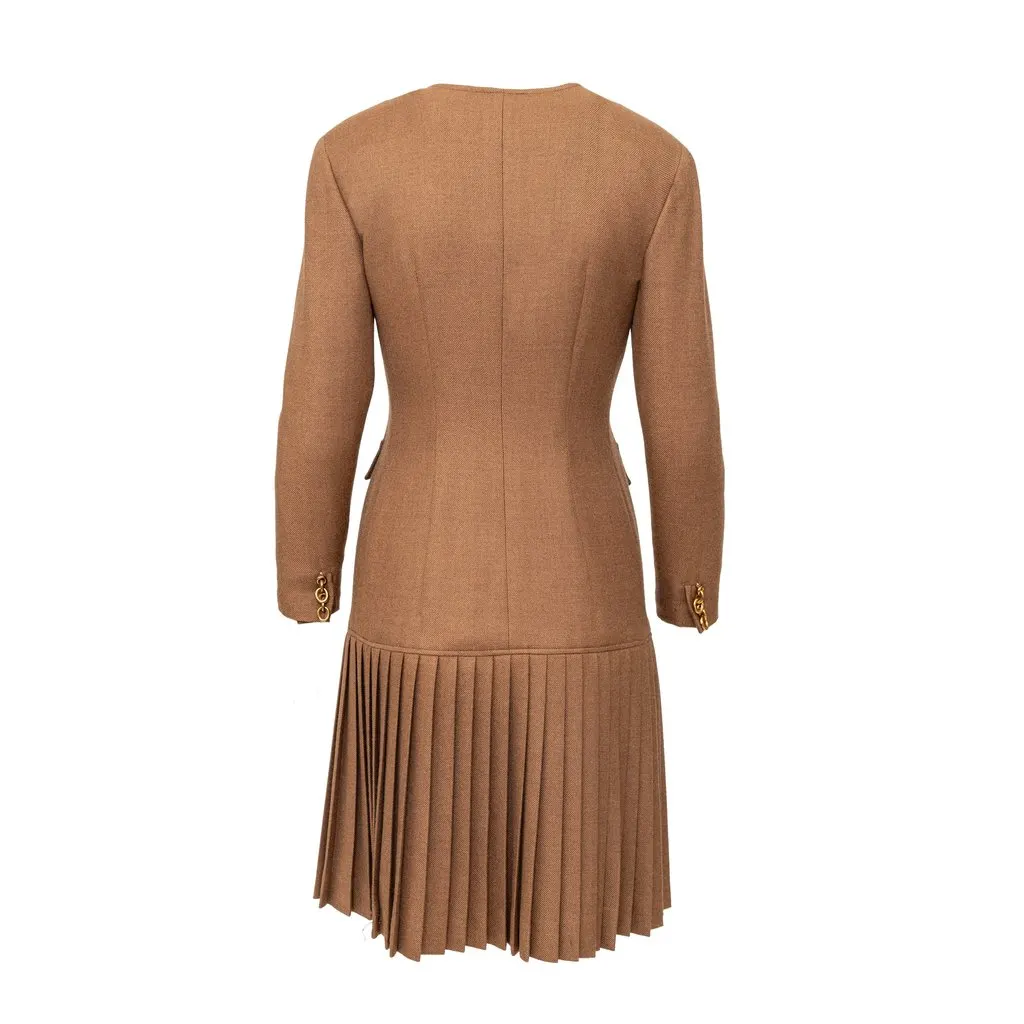 Valentino Boutique Pleated Wool Dress - '90s Brown Wool Good - Back View