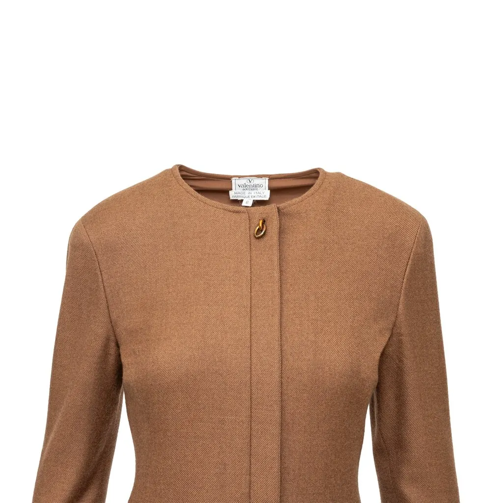 Valentino Boutique Pleated Wool Dress - '90s Brown Wool Good - Inside View