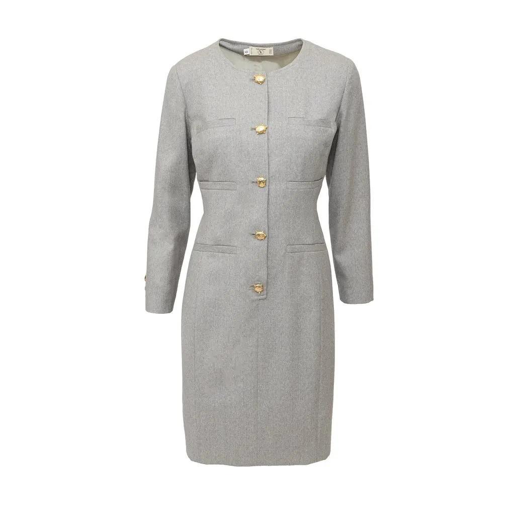Valentino Miss V Wool Dress with Turtle Buttons - '90s Grey Wool Good - Front View