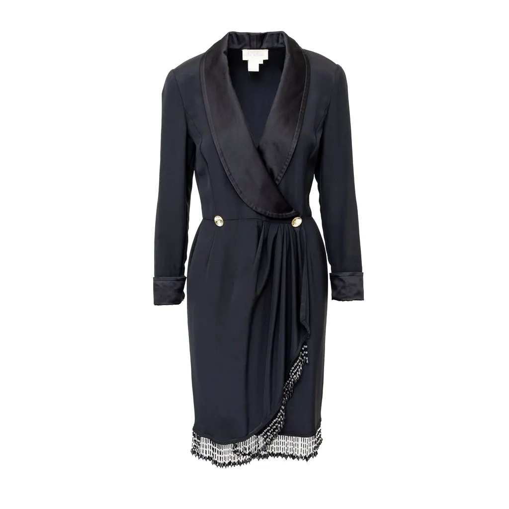 Unsigned Midi Dress - '70s Black Satin Good - Front View