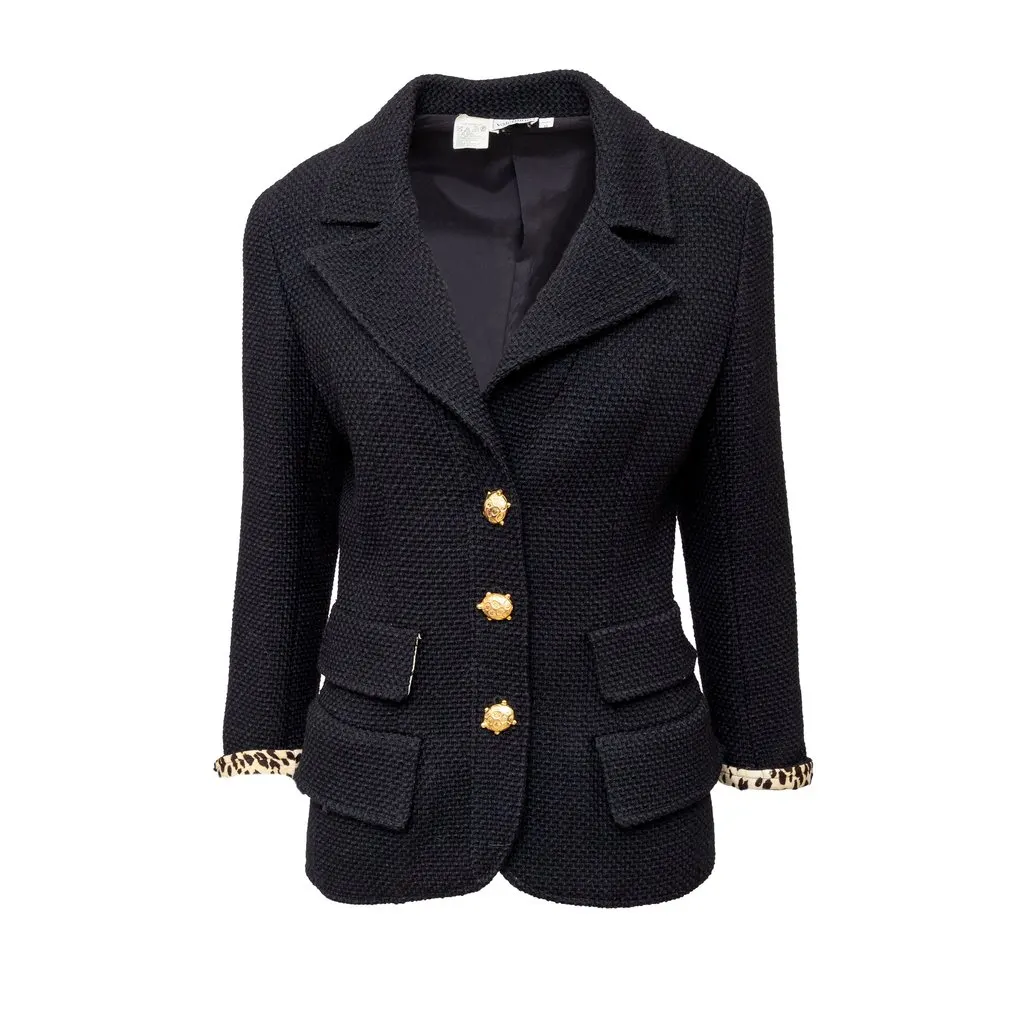 Valentino Boutique Wool Set with Turtle Buttons - '90s Black Wool Good - Model View